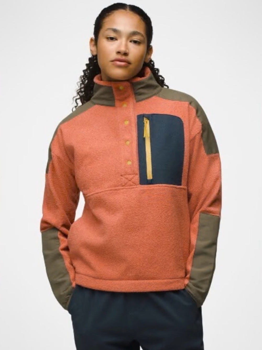Prana Orange Fleece Shirt Jacket with Olive and Navy Accents
